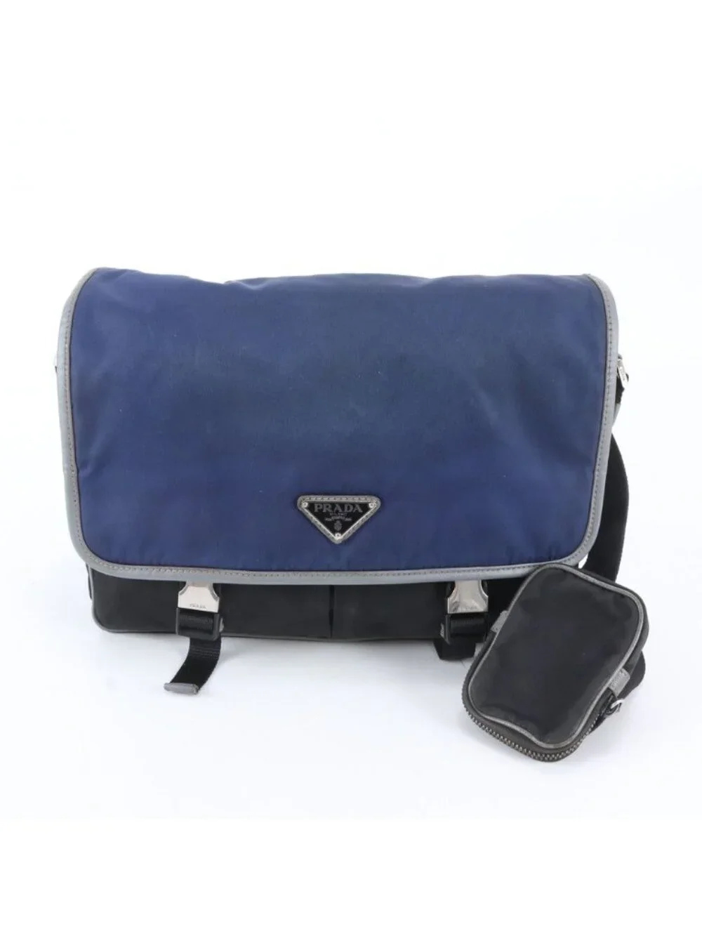 Prada Tessuto Nylon Triangle Logo Leather Shoulder Bag Crossbody Navy